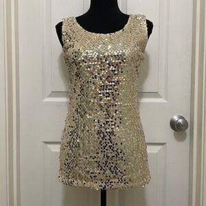 Forever Young Sleeveless Tank Top Gold Sheer Chiffon Sequin Embellised S M L NWT